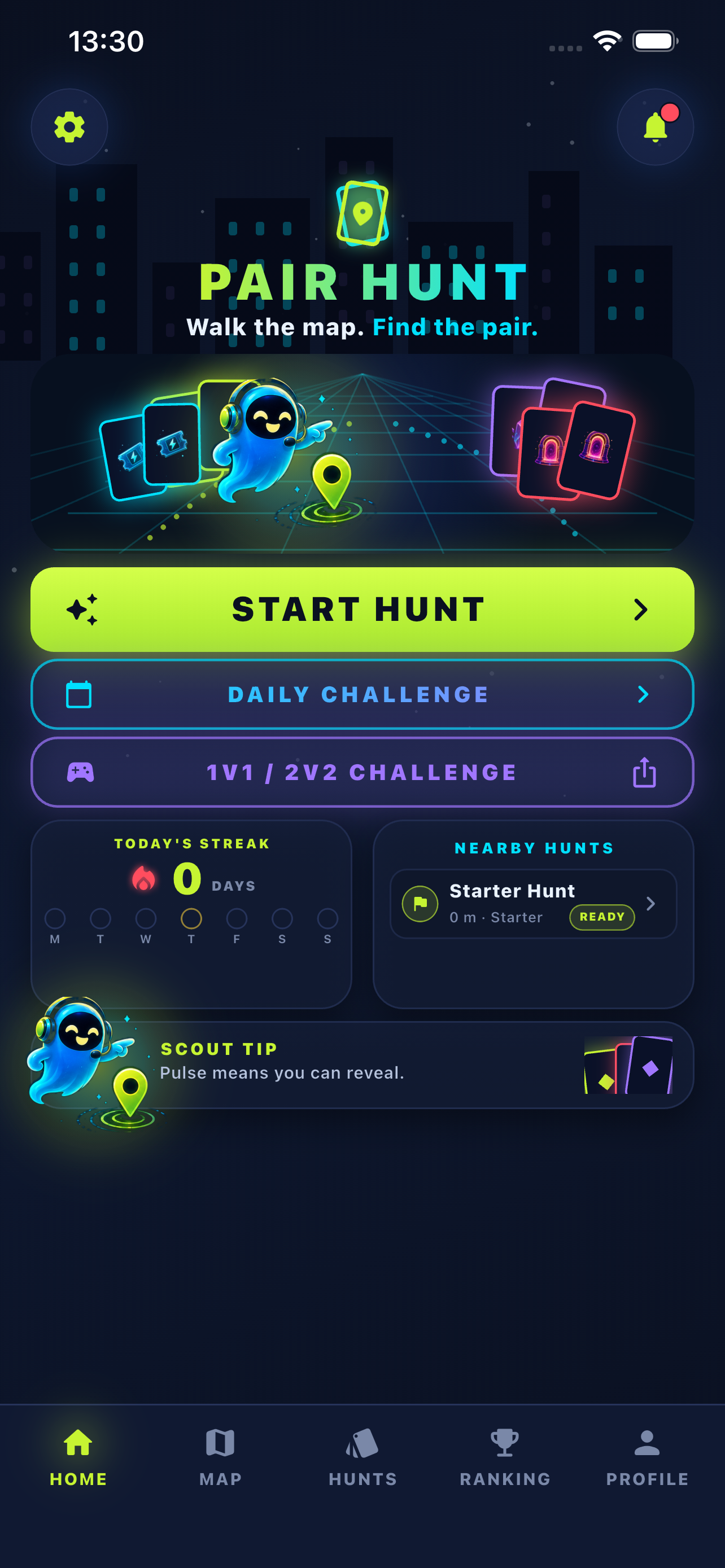 Pair Hunt — home screen with daily hunts